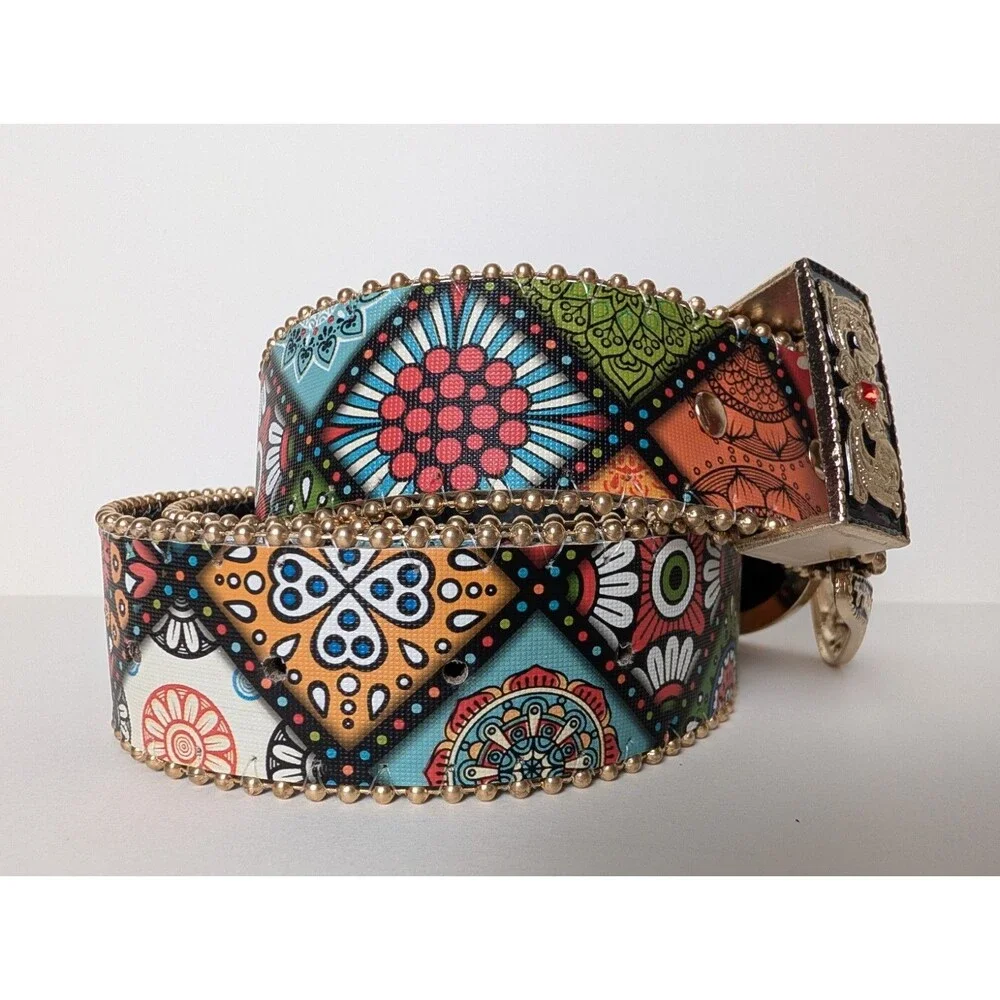 Woman's Belt Rhinestone Tapestry Boho Hippie Colorful Black Vegan Size 32 in